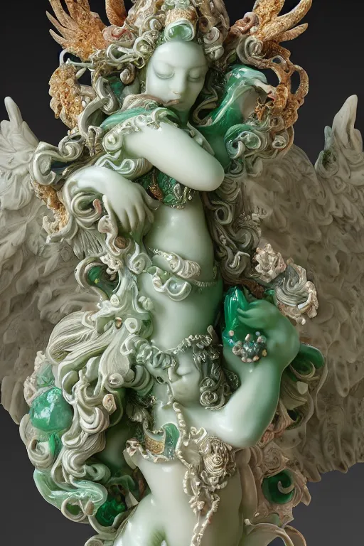 Image similar to a closeup photo, rococo alabaster and jade real delicate ceramic porcelain sculpture of an ornate detailed phoenix goddess in front of an intricate background by rafael, micro detail, backlit lighting, subsurface scattering, translucent, thin porcelain, emerald, jade, octane renderer, colorful, physically based rendering, trending on cgsociety