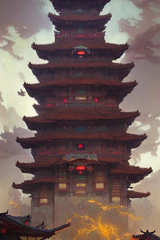 Image similar to cyberpunk Chinese ancient castle, fantasy, painting by greg rutkowski and alphonse mucha