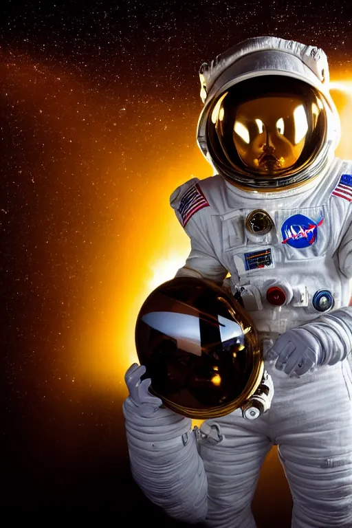 Image similar to extremely detailed studio portrait of space astronaut, tentacle coming out of mouth, helmet is off, helmet i in lap, full body, soft light, golden glow, award winning photo by nasa