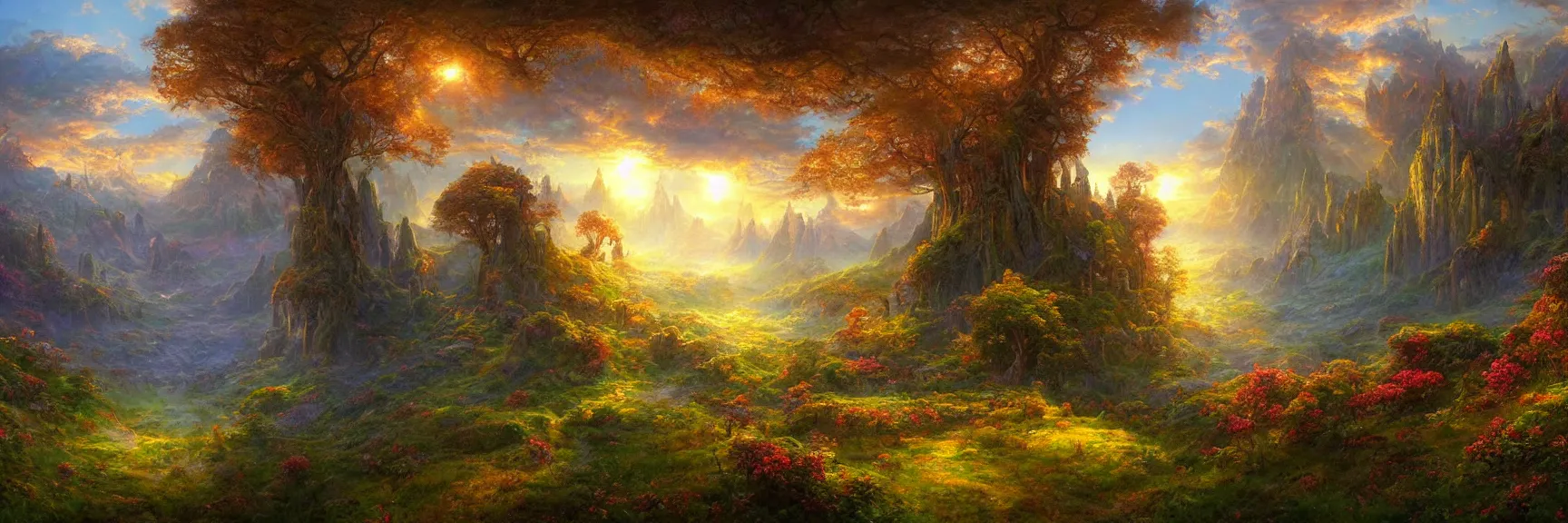 Prompt: a beautiful fantasy landscape painting of a magical panorama gilbert williams visionary art by john avon and marc simonetti and Mark Keathley, trending on artstation hq 8k