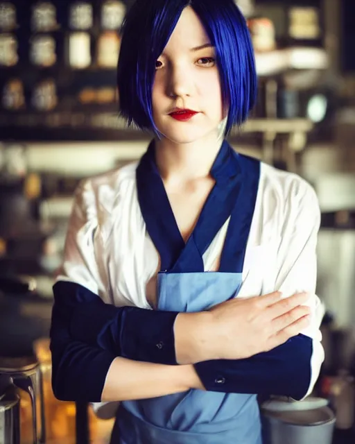 Image similar to touka kirishima from tokyo ghoul as a barista, in a coffee shop, dark blue hair, modern fashion, half body shot, photo by greg rutkowski, female beauty, f / 2 0, symmetrical face, warm colors, natural indoor lighting, depth of field