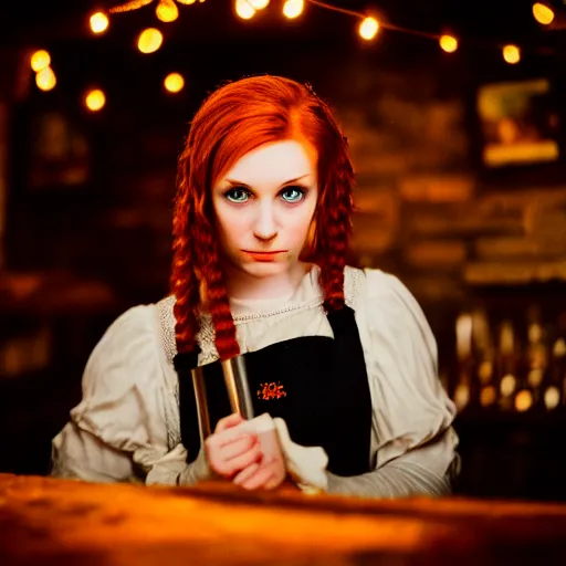 Image similar to beautiful bar maid with auburn hair and green eyes, in a medieval tavern at night, dramatic, cinematic, filmic, 7 5 mm, f / 1. 8