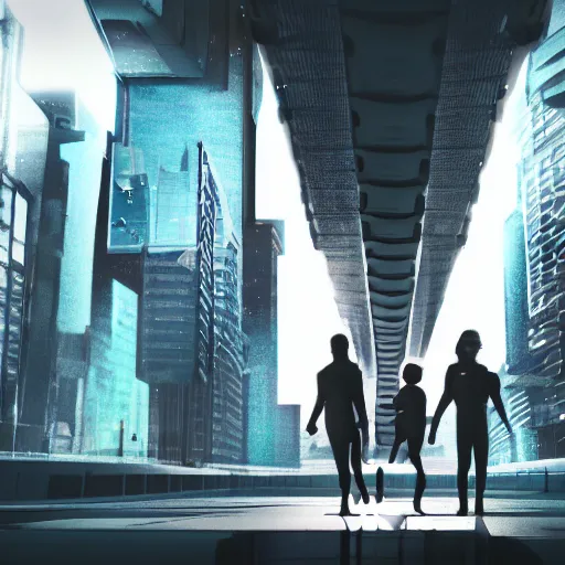 Image similar to two androids holding a human baby in a futuristic city scape. cinematic shot.