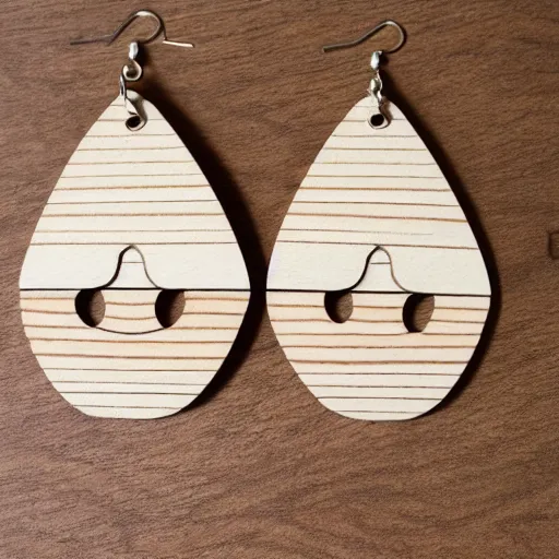 Prompt: lasercut segmented 2d wood earrings, graphic designs from the English Beat