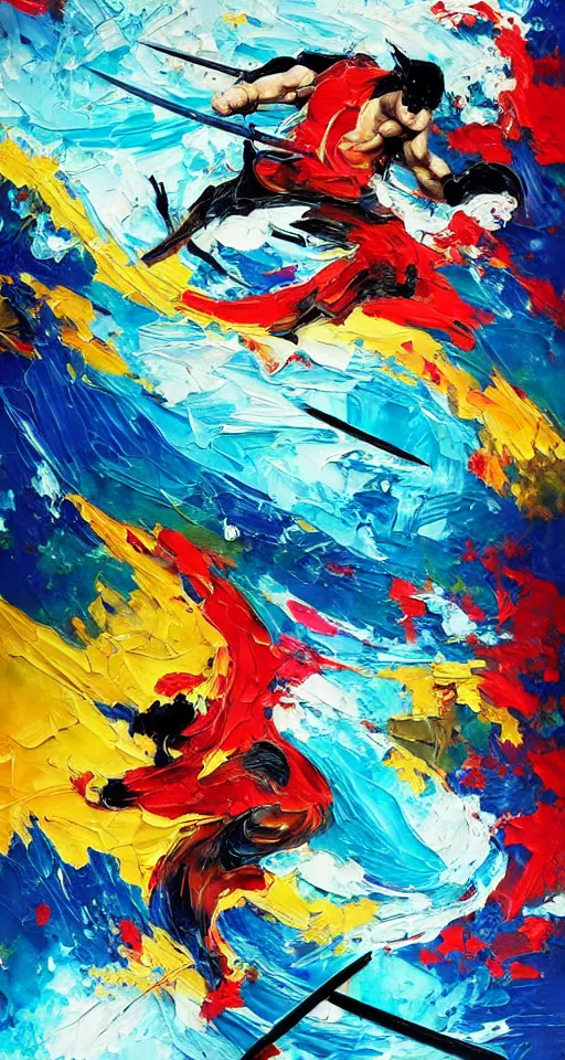 Prompt: colorful beautiful abstract painting, man, ninja with katana of water wave, full body, water fists of fury, jumping leaping heroic attack, action scene, ultra detailed