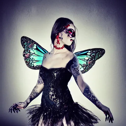 Image similar to a professional photoshoot, skull face pale beauty with crystal firefly wings, a devianart photograph