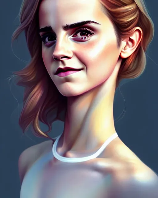 Image similar to beautiful full body Emma Watson realistic portrait, symmetrical, goofy smiling illustration by lois van baarle and loish and ross tran and rossdraws and sam yang and samdoesarts and artgerm, digital art, highly detailed, intricate, sharp focus, Trending on Artstation HQ, deviantart