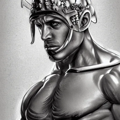 Prompt: handsome portrait of a spartan guy bodybuilder posing, intricate details, trending on artstation, sharp focus, caustics, radiant light, 4 k, style of vento aureo cover art, style of stone ocean cover art, style of steel ball run cover art, ilya kuvishinov style, illustrated by hirohhiko araki