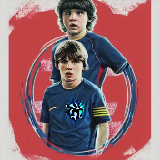 Prompt: messi, stranger things cover art, art by stephen bliss