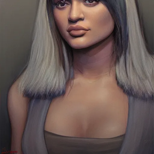 Prompt: kylie jenner as a cop, portrait face and bust in view, haunted house interior, pretty, aesthetic, mystery detailed photo, DeviantArt, Artstation, by donato giancola, ralph horley, loish, chromatic lighting