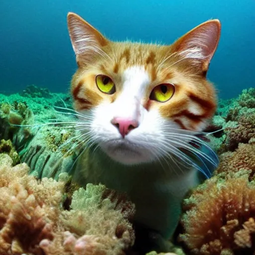 Image similar to high quality underwater photo of a cat scuba diver, wearing norkel mask!!