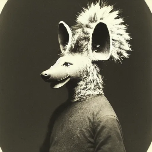 Image similar to professional studio photo portrait of anthro anthropomorphic spotted hyena head animal person fursona wearing clothes by Louis Daguerre daguerreotype