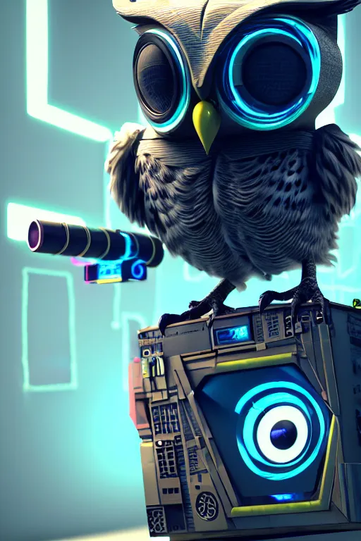 Image similar to high quality 3 d render very cute cyborg owl! with boombox!, cyberpunk highly detailed, unreal engine cinematic smooth, in the style of blade runner & detective pikachu, hannah yata charlie immer, moody light, low angle, uhd 8 k, sharp focus