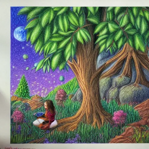 Image similar to Colored pencil art on paper, highly detailed, artstation, People, Plants and Trees, Animals, Magical Creatures, buildings, scenery, enchanted landscapes, PrismaColor