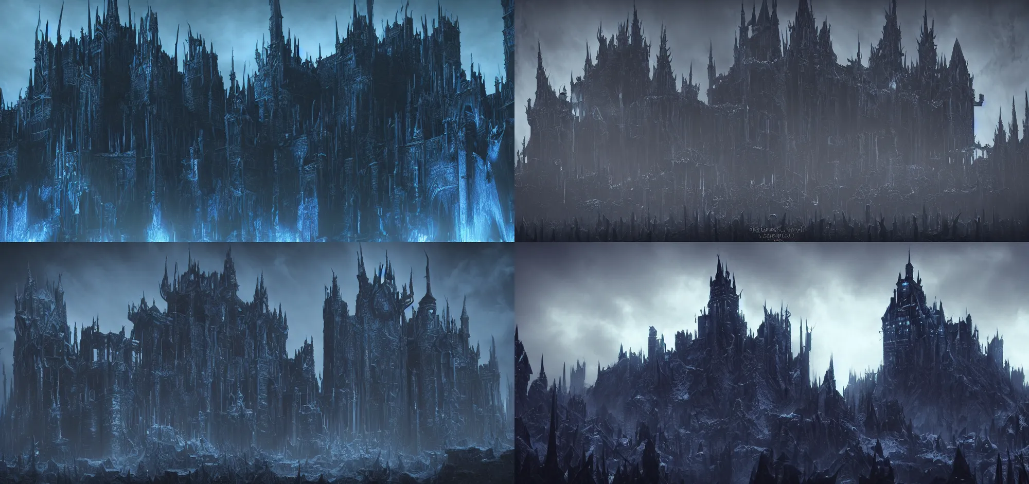 Prompt: A Dark castle of Lich King, in style of Richard Wright, black and blue color scheme, octane render, cinematic, color grading