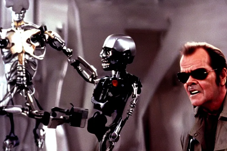 Image similar to Jack Nicholson plays Terminator, scene where his endoskeleton gets exposed, still from the film