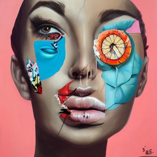 Image similar to a painting of a woman's face with many different things on her face, a surrealist painting by Sandra Chevrier, behance contest winner, pop surrealism, surrealist, detailed painting, poster art