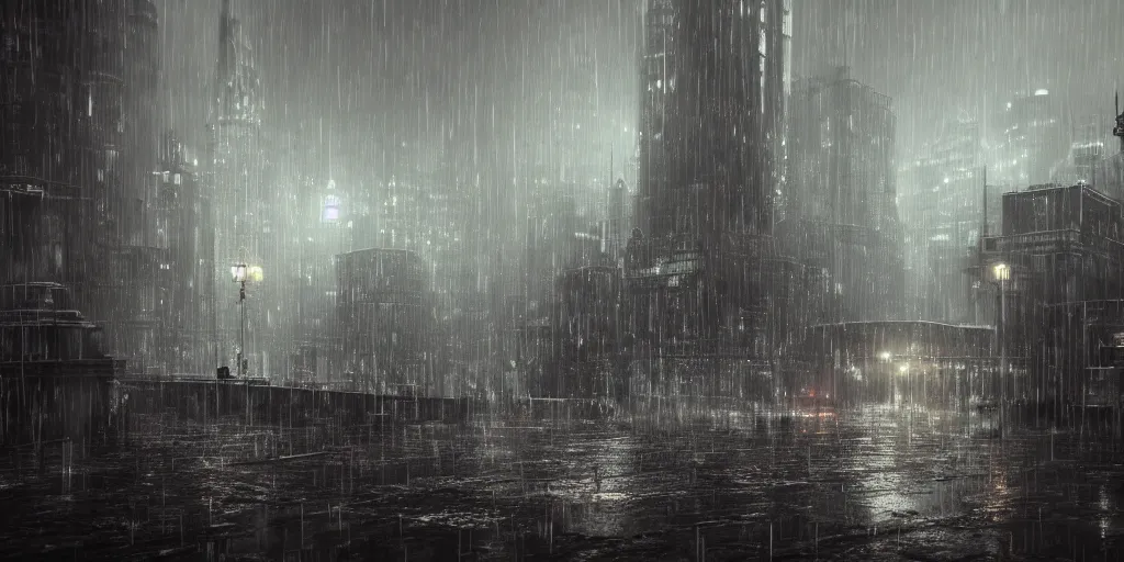 Image similar to a cold and melancholic city in a dark cavern, rainy and gloomy atmosphere, viewed from afar, fantasy digital art, octane render, beautiful composition, trending on artstation, award - winning photograph, masterpiece