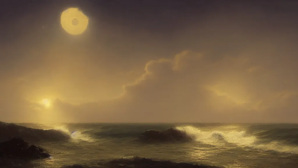 Image similar to first person view of breaking waves on the shore, moonlit , sea breeze rises in the air, by andreas rocha and john howe, and Martin Johnson Heade, featured on artstation, featured on behance, golden ratio, ultrawide angle, f32, well composed