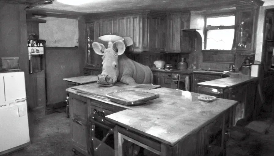 Image similar to a rhinoceros in a stalinist style kitchen, by mini dv camera, very very low quality, heavy grain, very blurry, accidental flash, webcam, caught on trail cam