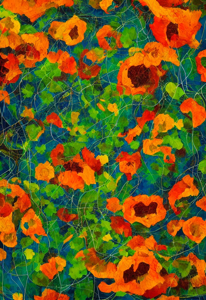 Prompt: award winning abstract expressionism artwork about entangled sunflowers and falling nasturtiums with vines, high definition, fine details, closeup, volumetric lighting