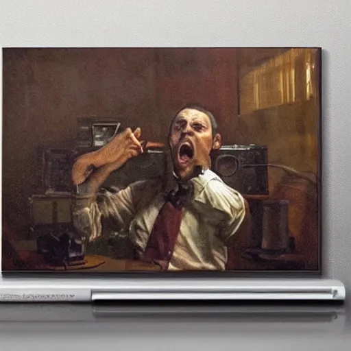 Image similar to an angry man yells at his computer monitor, oil on canvas, 1 8 8 3, highly detailed