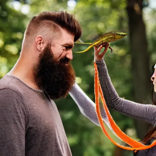 Image similar to a man gently slapping a woman in the face with a lizard. The man has a dark well groomed beard, the woman is attractive with straight red orange hair in the face with a lizard