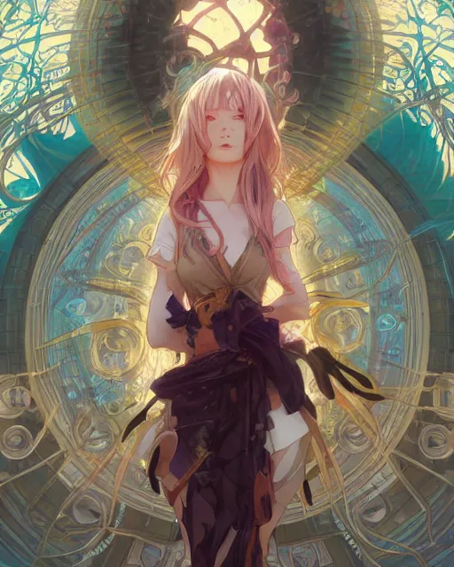 Image similar to illustration of an anime girl being entranced bewitched mesmerized hypnotized mind controlled, by artgerm and wlop and greg rutkowski and alphonse mucha, digital art, extreme detail, realistic lighting, cinematic composition, concept art, sharp focus, colorful, photorealistic, 8 k