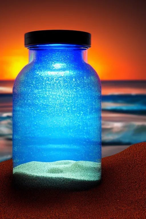 Prompt: photograph of a glass jar aquarium, standing in sand on a beach. big fish swimming inside the jar, dark blue ocean water inside the jar. quiet sunset in the background. soft golden red lighting. hyperrealistic, cgsociety, artstation, 8 k