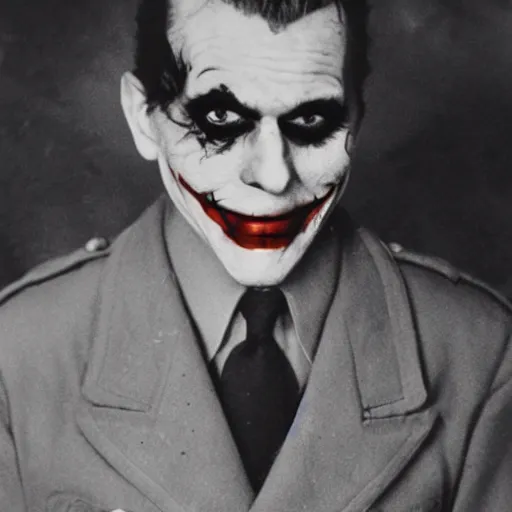 Prompt: the joker as a soldier , historical photo of ww2