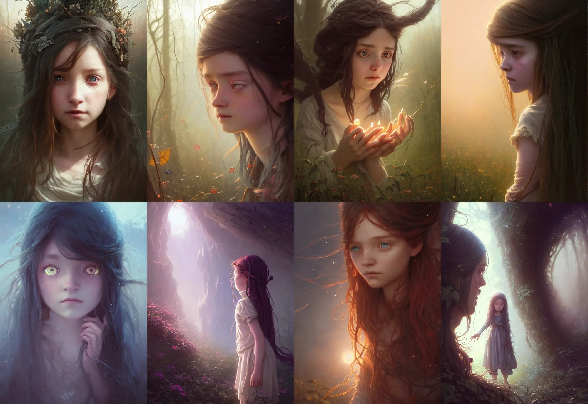 Image similar to highly detailed portrait of a frightened little girl with long hairs, stephen bliss, unreal engine, fantasy art by greg rutkowski, loish, rhads, ferdinand knab, makoto shinkai and lois van baarle, ilya kuvshinov, rossdraws, tom bagshaw, alphonse mucha, global illumination, radiant light, detailed and intricate environment