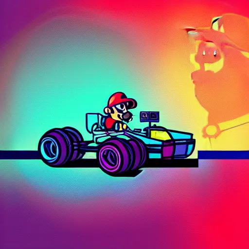 Prompt: synthwave illustration of Super Mario driving go kart into the sunset, trending on deviantart