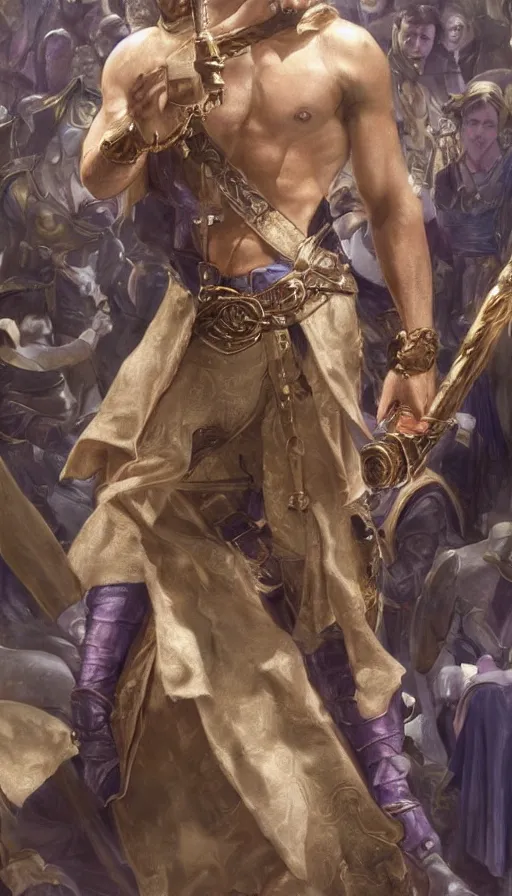 Image similar to david gandy, charming, in a town hall, rich viscount, fit, cunning, gold and purple, warhammer, lord of the rings, sweaty, intricate, highly detailed, digital painting, artstation, concept art, smooth, sharp focus, illustration, unreal engine 5, 8 k, art by artgerm and greg rutkowski and alphonse mucha