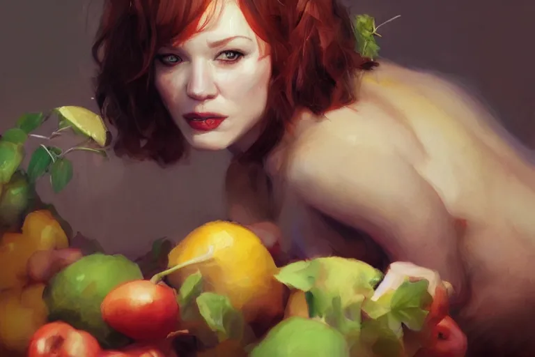 Image similar to A portrait of a Christina Hendricks eating various fruits by Ruan Jia and Mandy Jurgens and Artgerm and william-adolphe bouguerea, highly detailed, trending on artstation, award winning, H 768