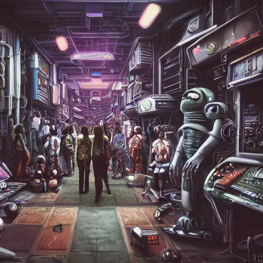 Image similar to highly detailed crowded future apartment complex, punk, grunge, jim henson creature shop, robots humans and extraterrestrials, inside a crowded space station, 1 9 8 0 s science fiction, 1 9 7 0 s science fiction, alien 1 9 7 9, cyberpunk, 3 d oil painting, depth perception, 4 k, artstation