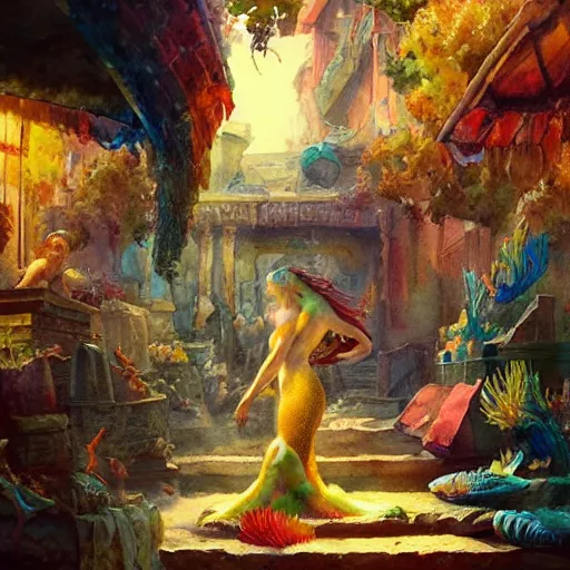 Prompt: a beautiful and vivid and colorful and chiaroscuro Grzegorz greg rutkowski watercolor painting of an ancient greek market with a yellow mermaid and fish and treasure and a bioluminescent coral garden underwater trending on artstation hq