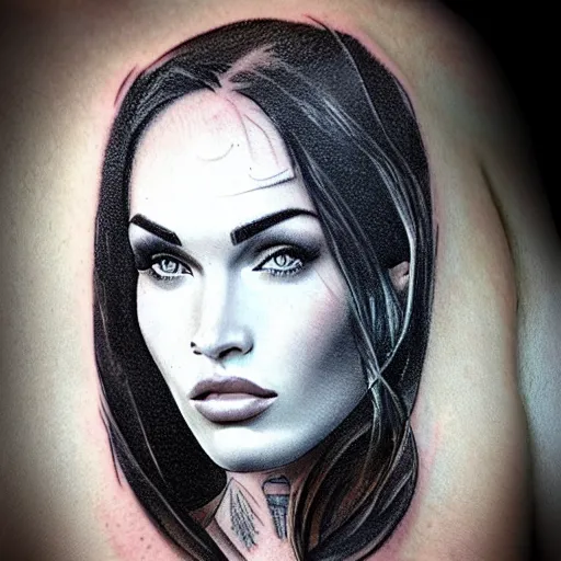 Image similar to tattoo sketch of megan fox's face shape in amazing mountain scenery, in the style of dan mountford