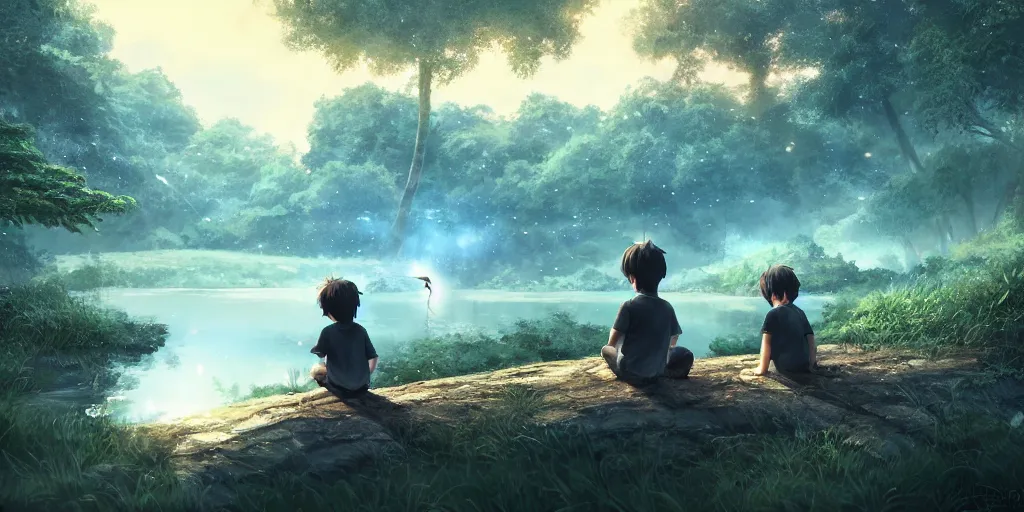 Image similar to a big silver dragon and a boy sitting next to lake in forest, many fireflys, at night, concept art, dof, cryengine, digital art, detailed background, makoto shinkai