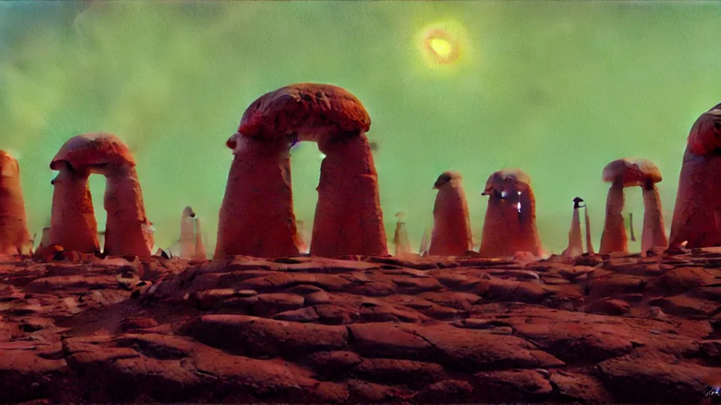 Prompt: mysterious megaliths of an alien civilization by paul lehr and john schoenherr, cinematic matte painting