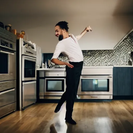 Prompt: photo of a man dancing in the kitchen, the kitchen is a mess, shutterstock, getty images, istockphoto,