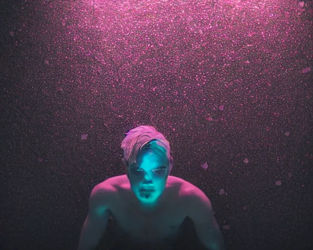 Prompt: man on floor, cave with crystals, glitter, volumetric light, foggy, smokey, moody, kodak photography, cyan and pink light