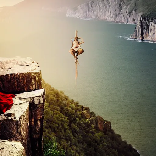 Image similar to a huge war monk sitting on a giant cliff, beautiful scenery, digital masterpiece