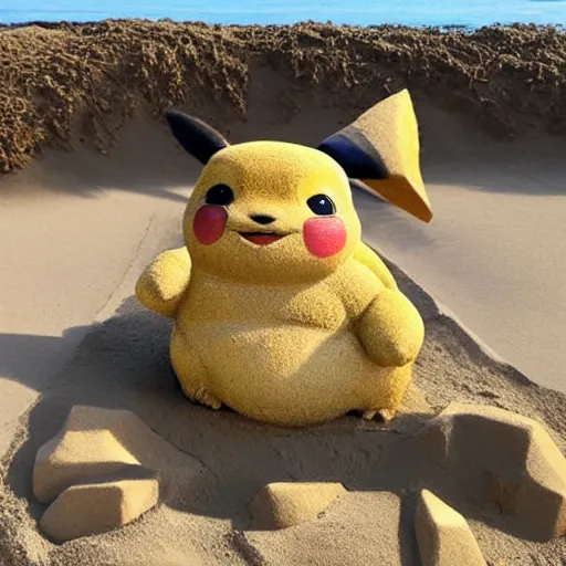 Image similar to a sand sculpture of detective pikachu on the beach