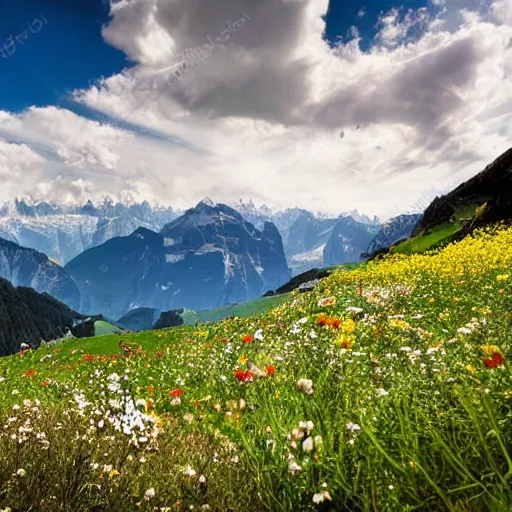 Prompt: alps mountain valley switzerland, wildflower vista