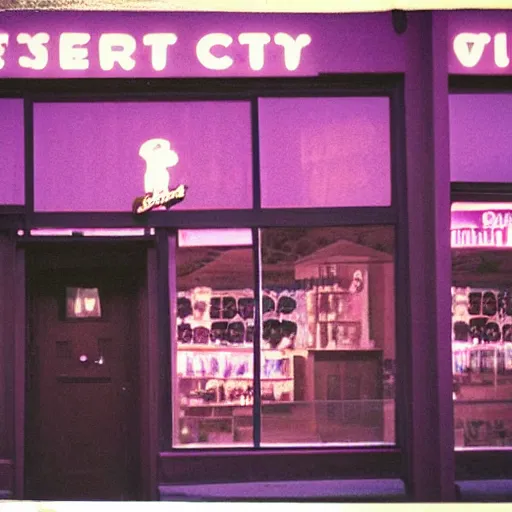 Image similar to low angle wide shot of desert city Night Vale pizzeria, with blurred figures in dark hoodies, in the lilac sunset, lomography, polaroid photo, by Warhol,