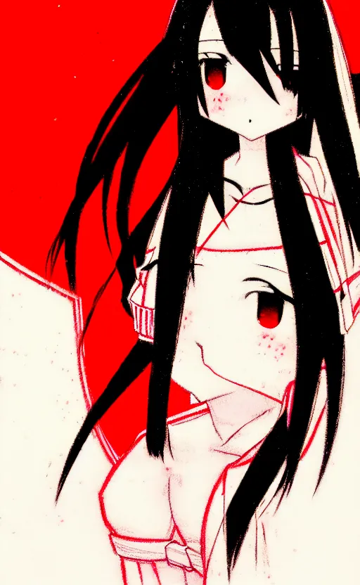 Image similar to anime girl with a detailed face and black hair in a red outfit under an empty space, full body, trending, illustration, by hiroyuki imaishi