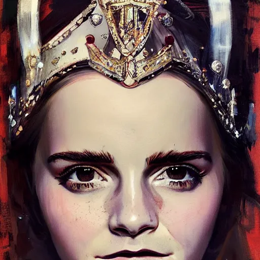 Image similar to full body emma watson wearing crown on head wearing royal hoodie by Sandra Chevrier by Richard Schmid by Jeremy Lipking by moebius by atey ghailan