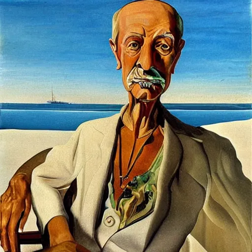 Prompt: painting by salvador dali of a senior caucasian man, sitting on a deck near the harbor, boats and water. it i a beautiful summer day