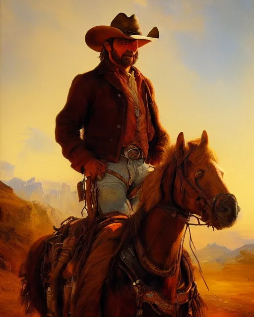 Prompt: portrait of a rugged cowboy, oil on canvas, Thomas Moran, artstation