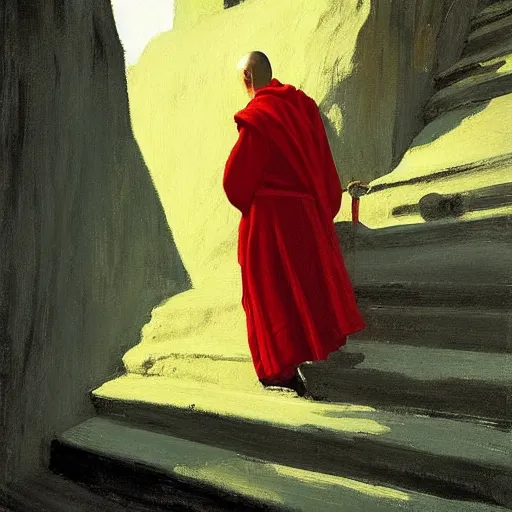 Image similar to sienna portrait of the astute monk crimson robe climbing the treacherous mountain stairway to the monastery jamie wyeth james gilleard edward hopper greg rutkowski acrylic painting